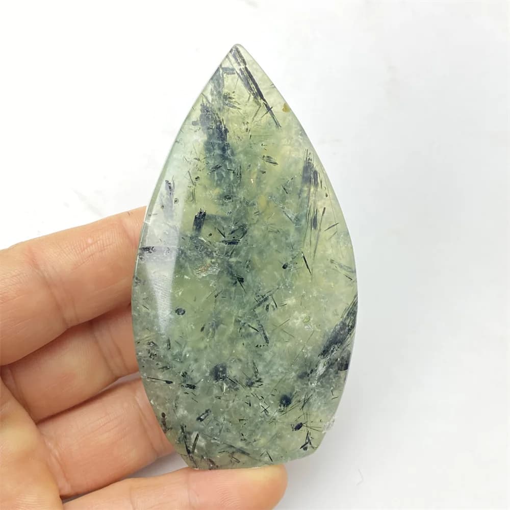 Natural Green Prehnite Palm Crystal Ornaments Black Haired Tourmaline Free Form Torch Chakra Aura Home Decor