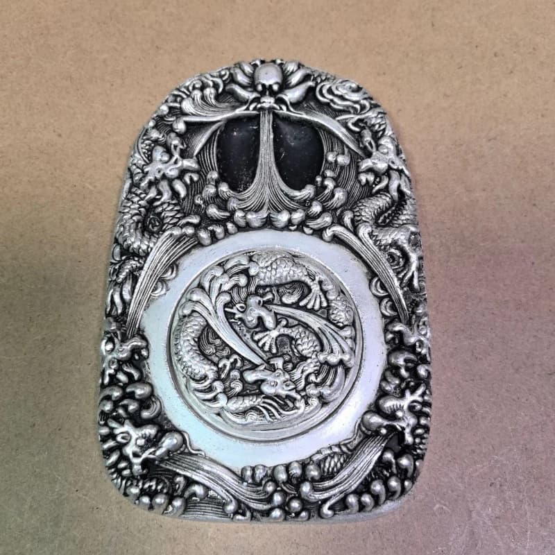 Miscellaneous Collection: White Copper Silver-Plated , Four Treasures of the Study, Inkstone with Dragon Water-Spewing D
