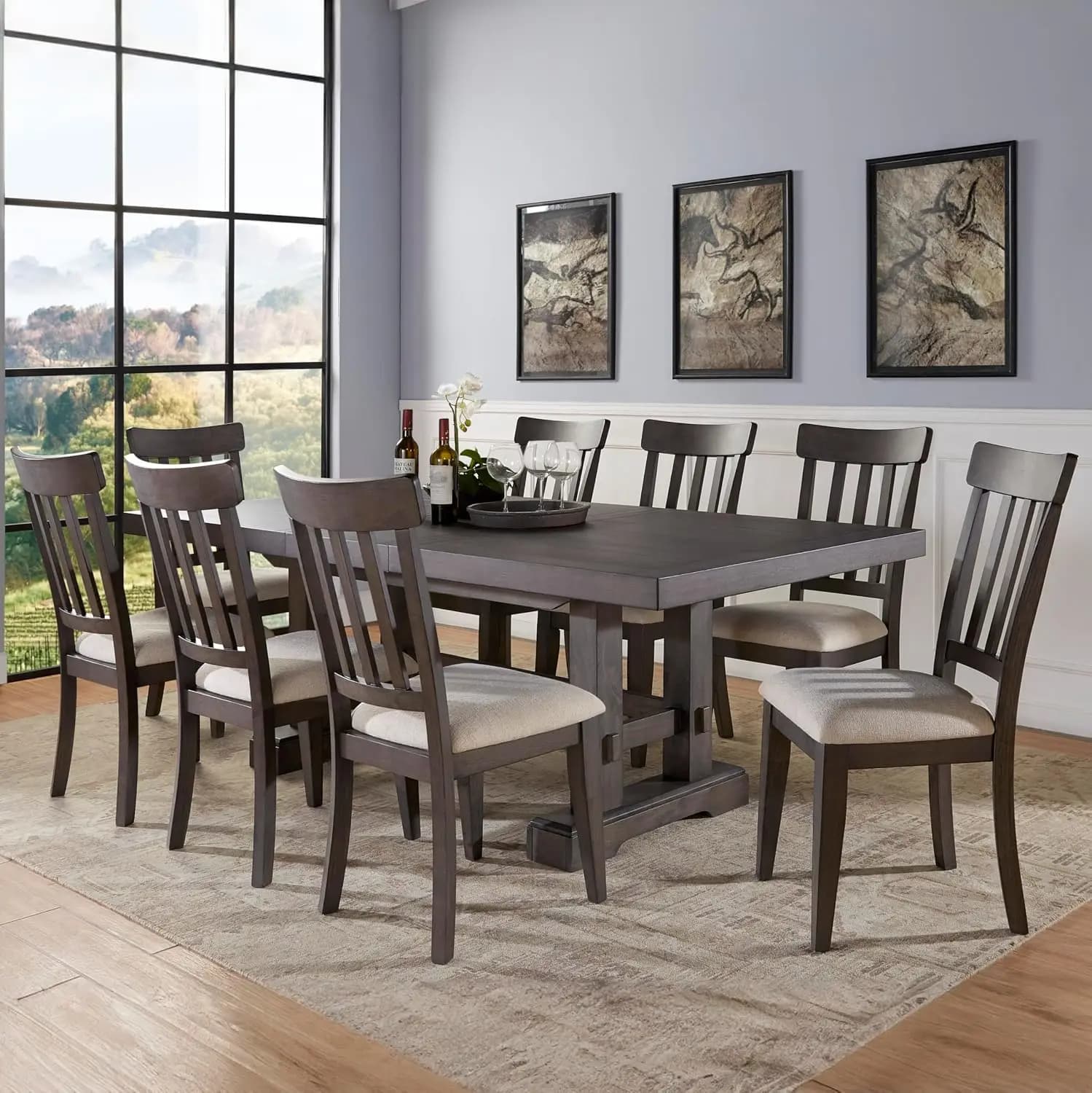 Furniture Napa 9pc Dining Table Set, 72"-90"-108" Dining Table w/ 2-18" Leaves, 8 Upholstered Side Dining Chairs, Farmhouse Desi
