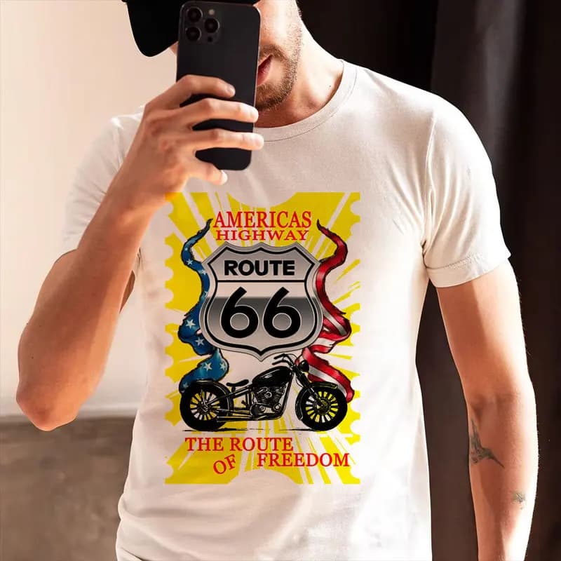 America Highway Route 66 the Route of Freedom Gift T shirt for Motorcycle Biker 0716 US Mother Road Graphic Clothes All Size Tee