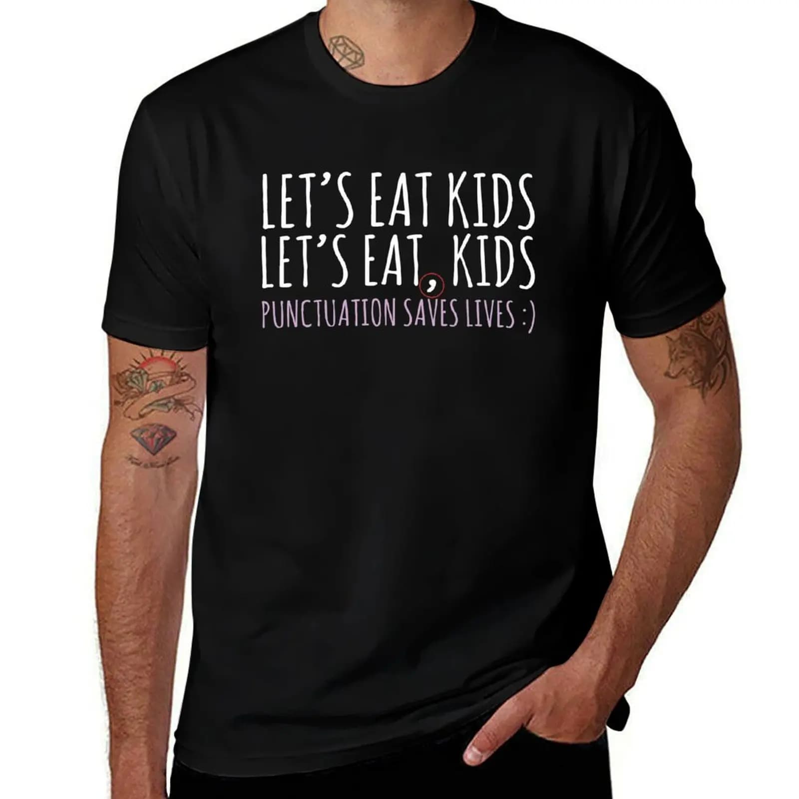 Punctuation saves lives Lets eat kids Funny English grammar about commas T-Shirt Art Pattern Printed Casual Top T-Shirt