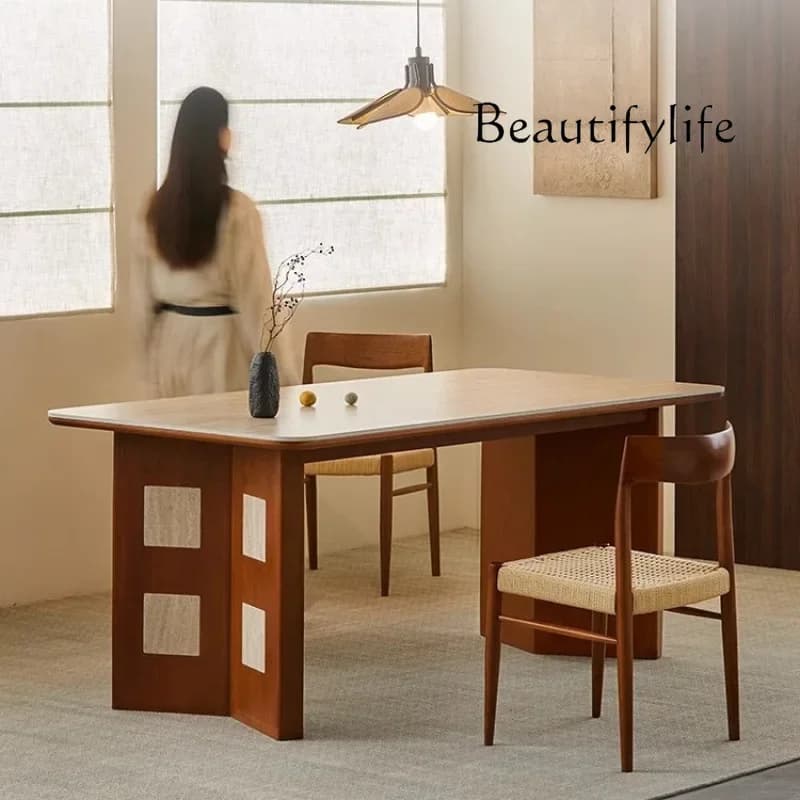 X36 French Retro Solid Wood Dining Table, Travertine Rock Slab Small Apartment, Walnut Color Oval Medieval Dining Table