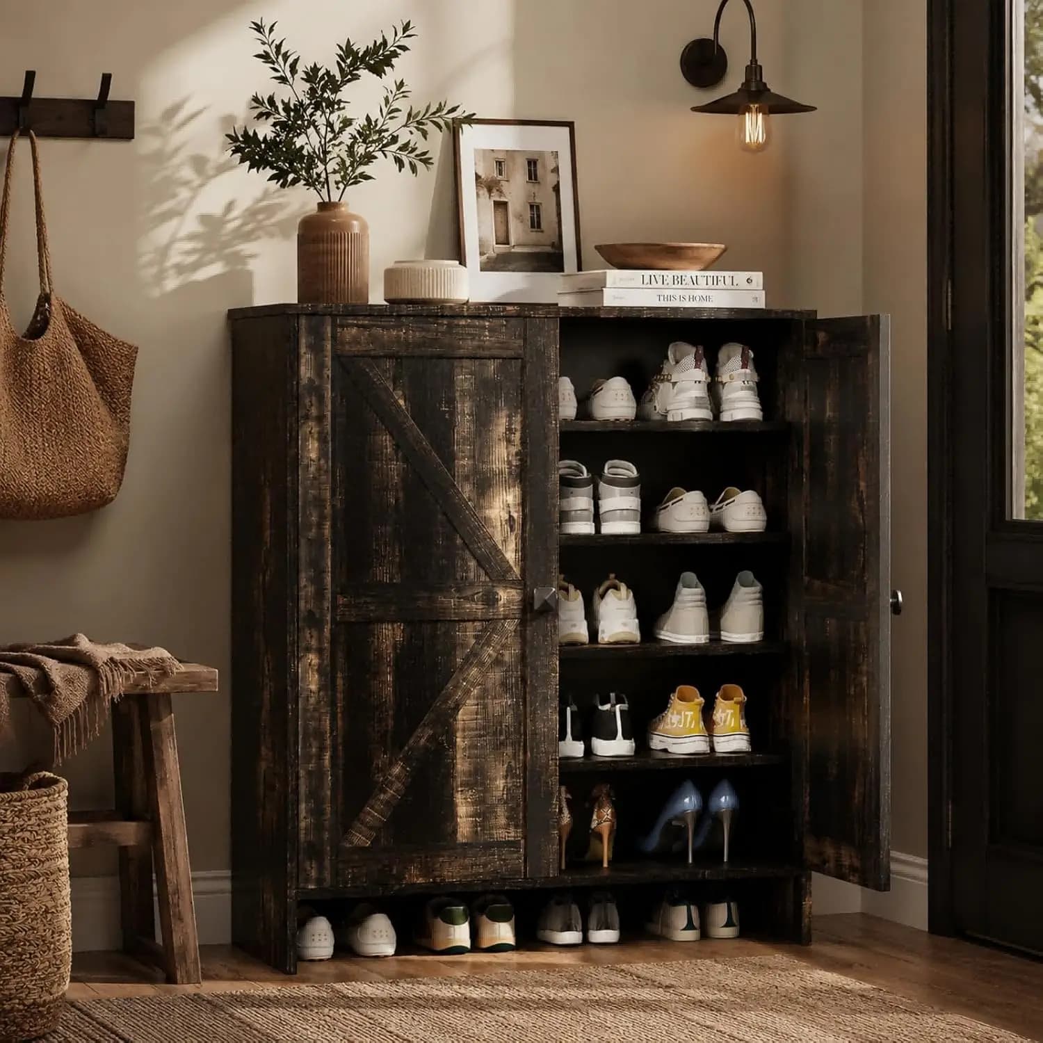 Shoe Cabinet with Doors,5 Tier Dark Rustic Oak Wooden Shoes Storage Cabinet for Entryway with Double Barn Doors