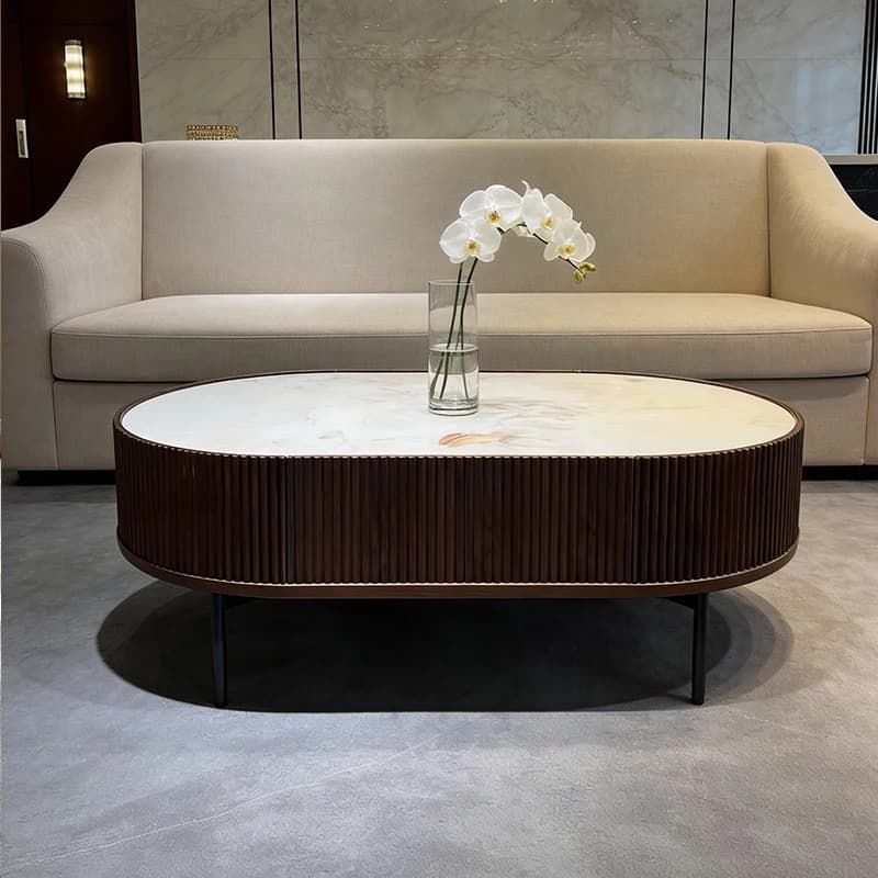 &c Italian Minimalist Ceramic Slab Coffee Table Walnut Color Oval High Leg Modern Luxury Living Room Premium Furniture