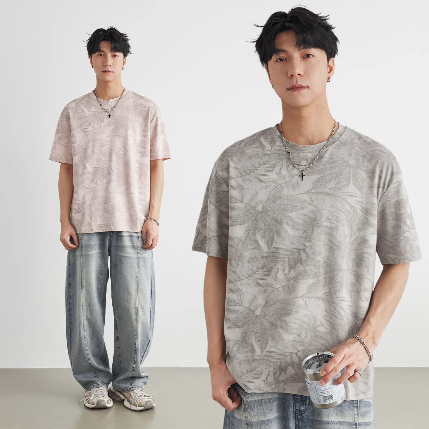 Fashion Men's Gradient Leaf Print T-Shirt 2026 Summer New Loose Crew Neck Trendy Versatile Commute Short Sleeve Tops