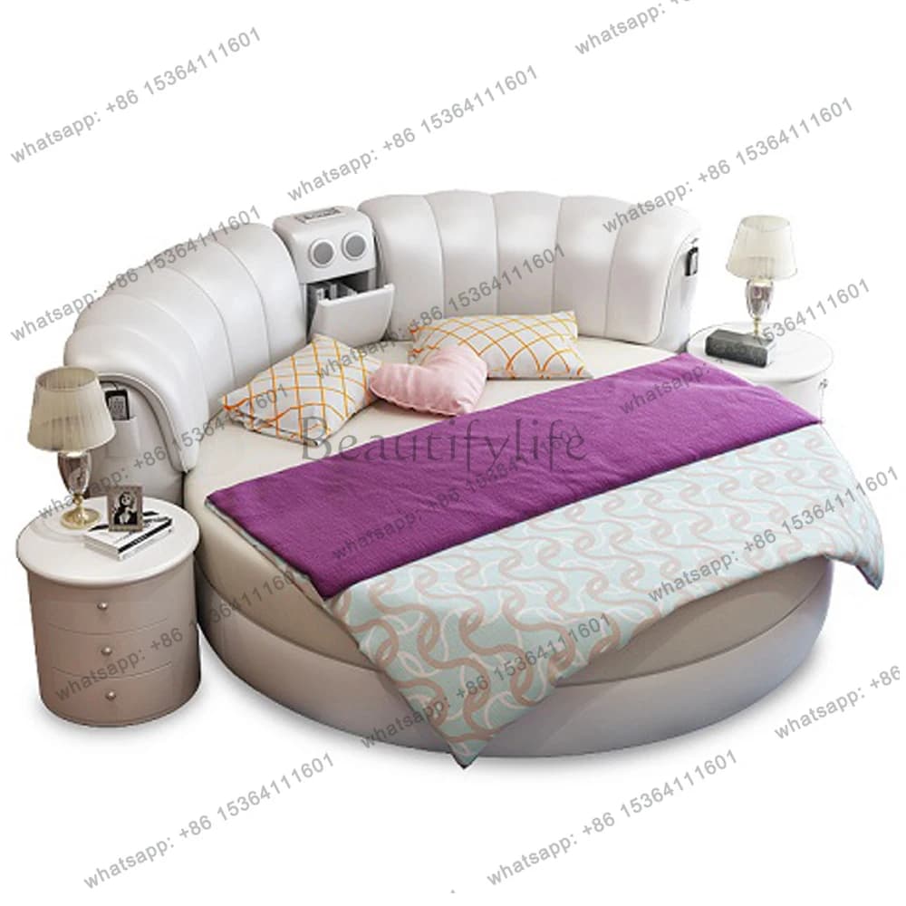 Luxury Round Genuine Leather Bed with Speaker and Storage, Modern Circular Platform Bed with Upholstered Headboard and Massage