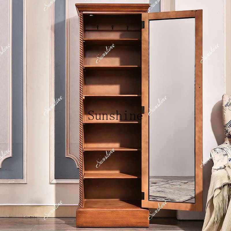 Solid wood American style entrance hall entrance balcony storage wardrobe with mirror narrow high cabinet with door FT