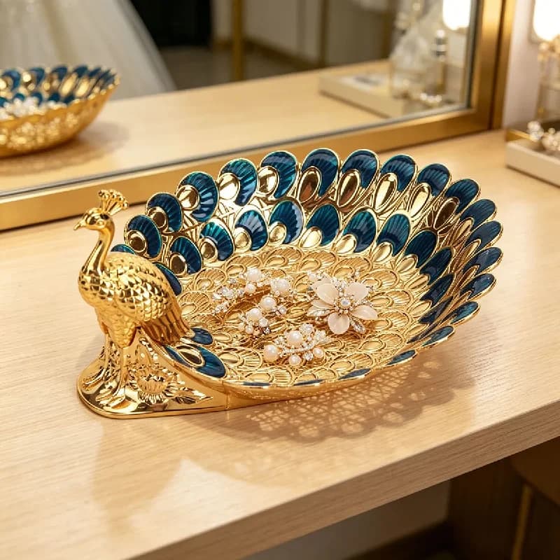 Golden Peacock Decorative Tray - Luxury Home Storage & Ornament Tray for Bedroom, Living Room, Dining Table