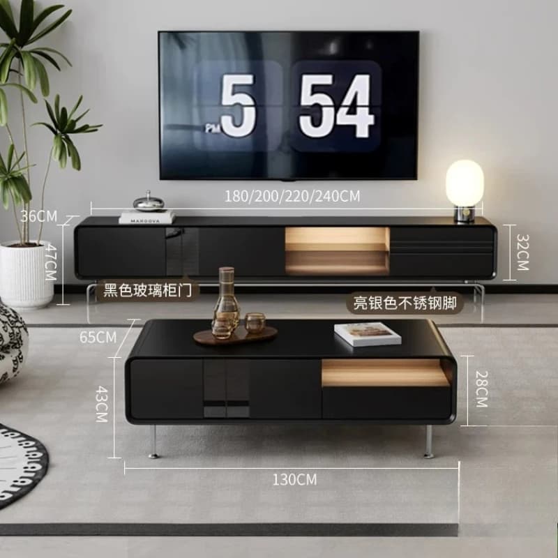 YJQ black TV cabinet coffee table combination living room high-end stainless steel foot high TV cabinet