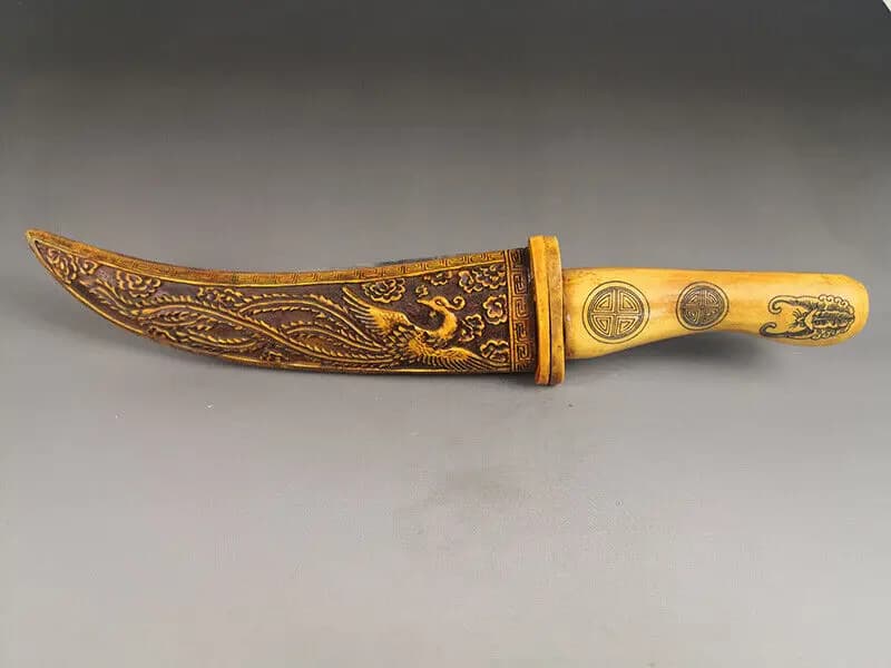Rare Ancient Chinese Hand Carved Buffalo Bone Knife Dragon and Phoenix