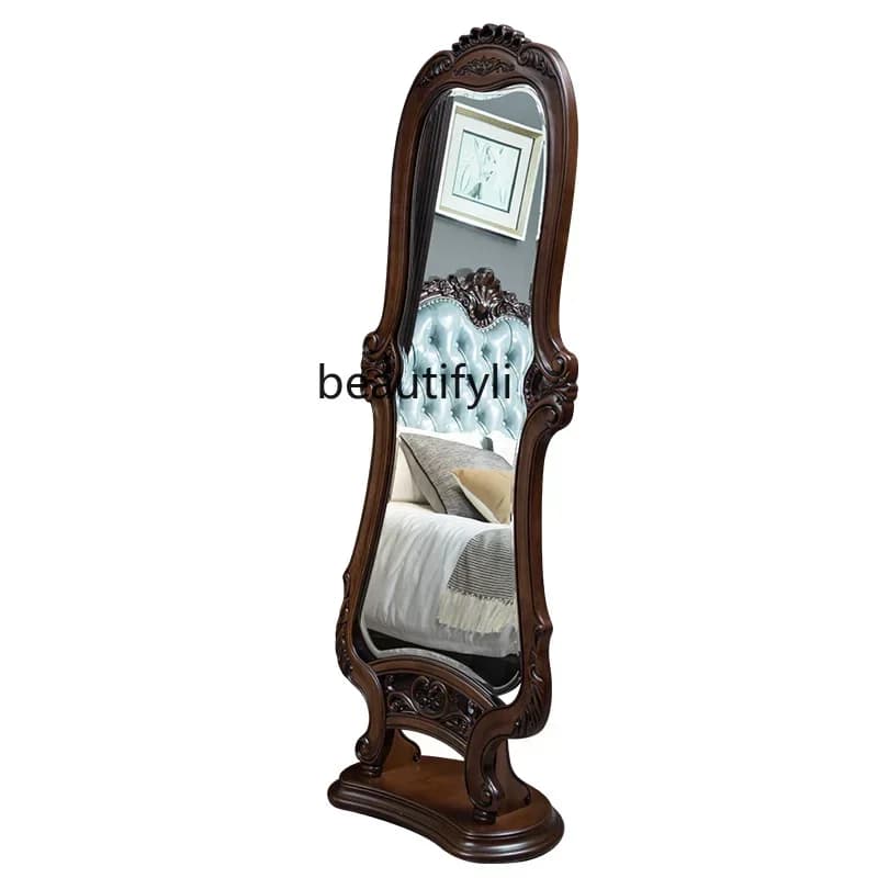 zx1American walnut solid wood full-length mirror European retro carved bedroom fitting mirror living room full body