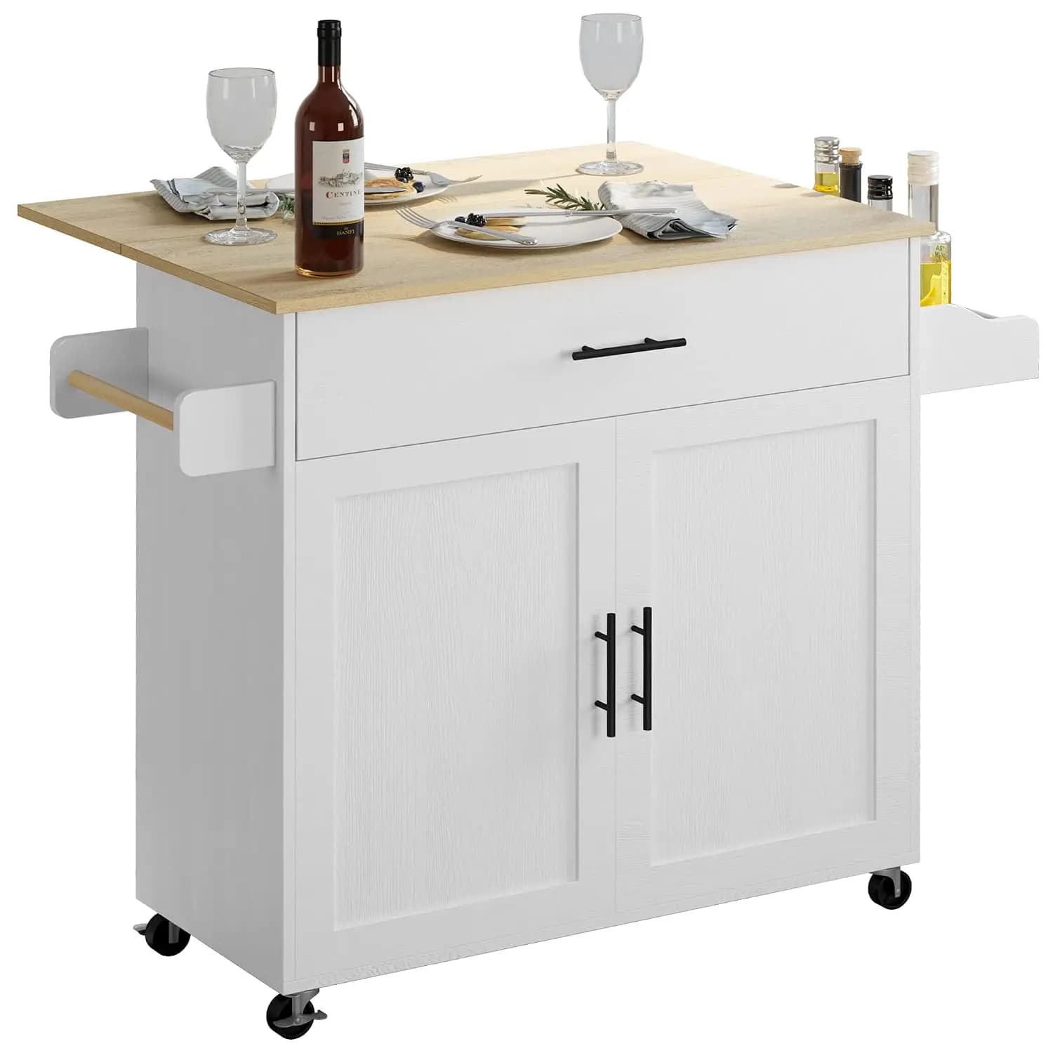 Kitchen Island Table on Wheels with Drop Leaf, 47.25" Wide White | Door Cabinet Adjustable Shelves,Spice Towel, Customized