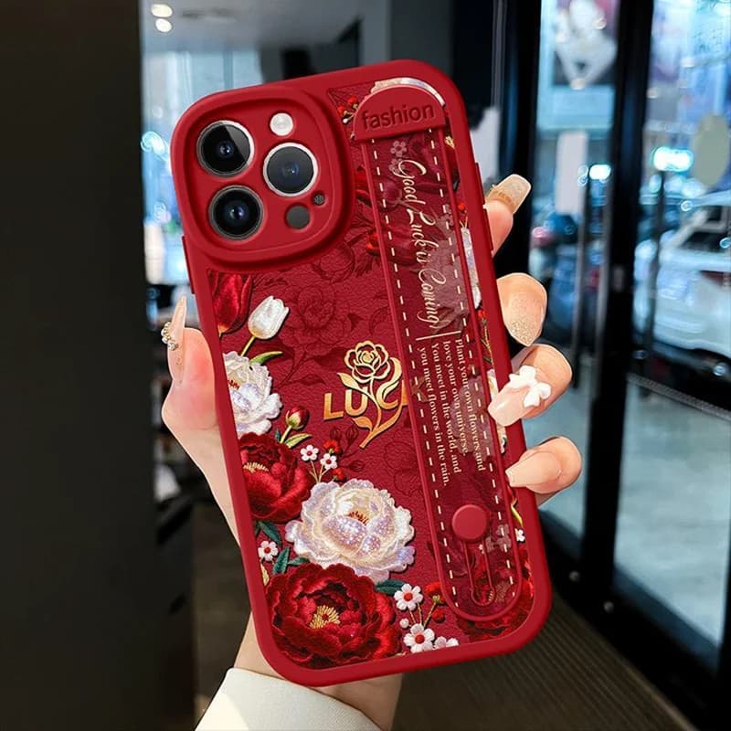 Peony Flower Case For iPhone 17 Pro Max 15 16 Pro Max 14promax Cases Wristband Wrist Strap For iPhone 11 12 13 Pro Max Casing