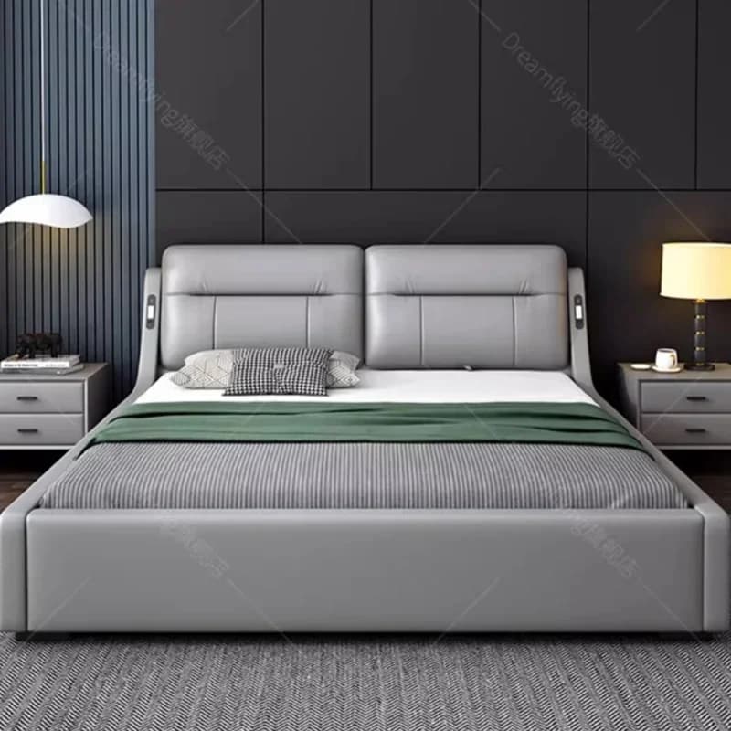 Modern Aesthetic Double Bed Bedroom King Size Salon Twin Double Bed Luxury Genuine Leather Cama Matrimonial Home Furniture