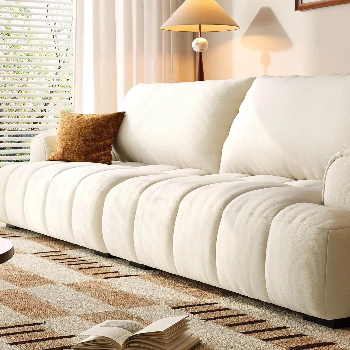 Living Room Small Apartment Modern Simple Cream Wind Puff Fabric Straight Row Sofan29