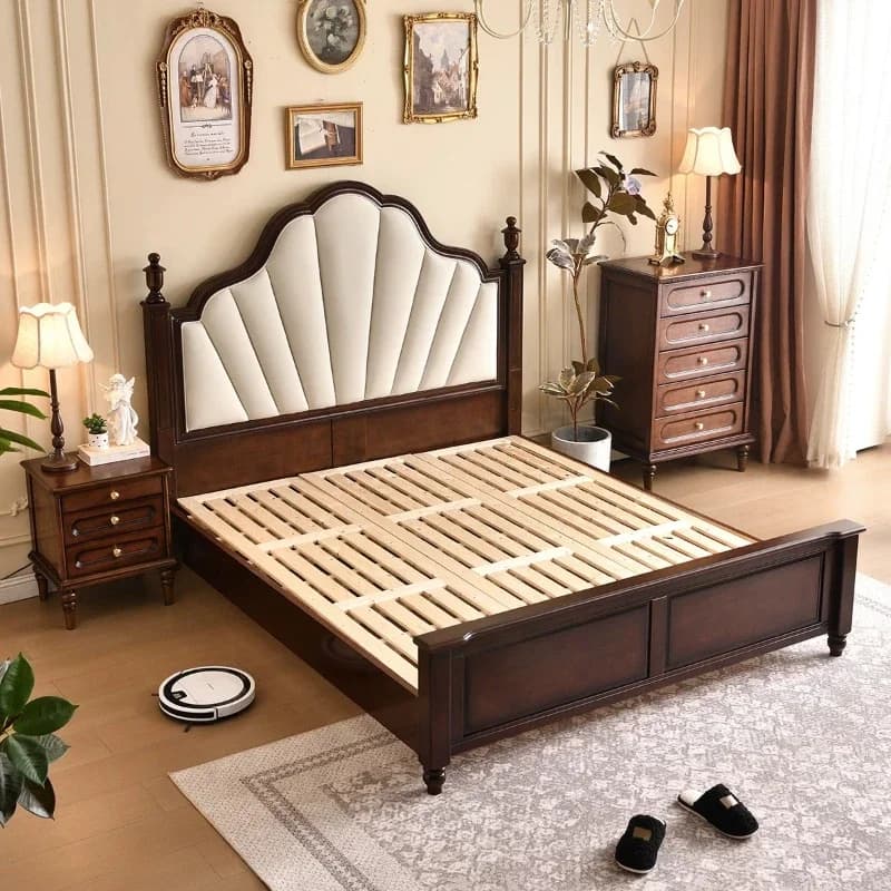 HYS style solid wood bed, light luxury master bedroom double bed, 1.8m king size bed, french retro bed