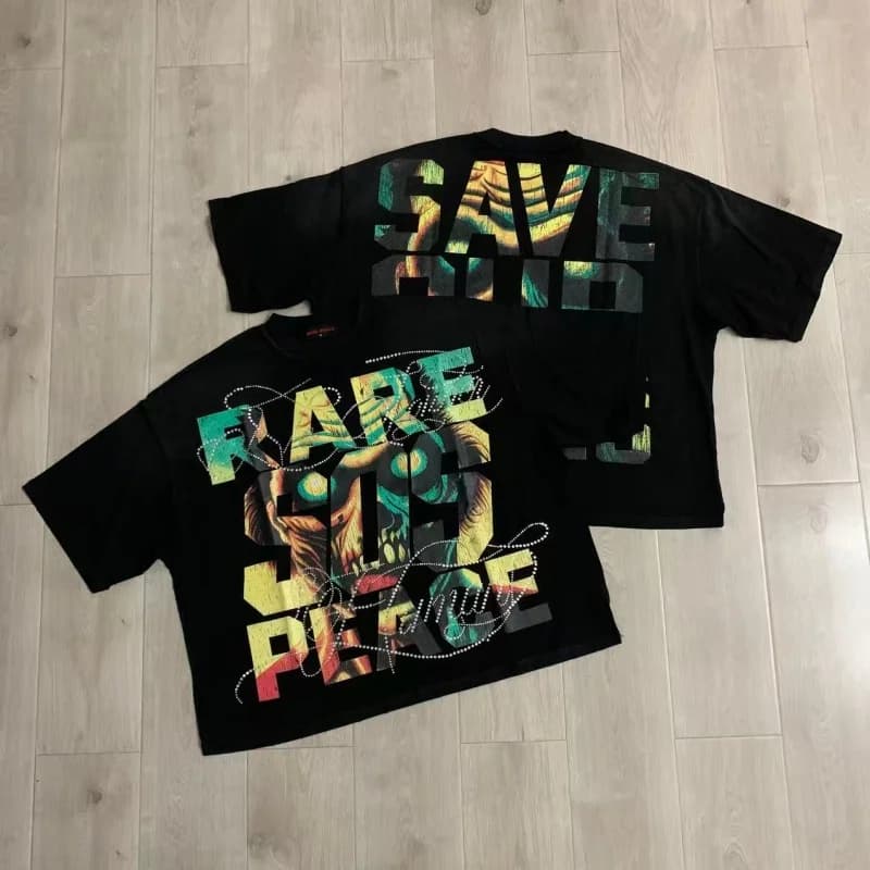 Summer Fashion RARE PEACE Save Our Souls Graphic Crop T-shirt Streetwear Oversized Fit Rhinestone Short-Sleeve T-shirt
