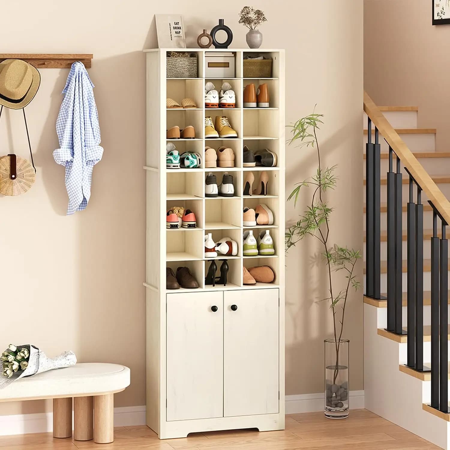 72'' Beige Tall Shoe Cabinet, Freestanding Tall Shoe Rack with Bottom Cabinet, 8-Tier 24 Cubbies Wooden Shoe, Customized