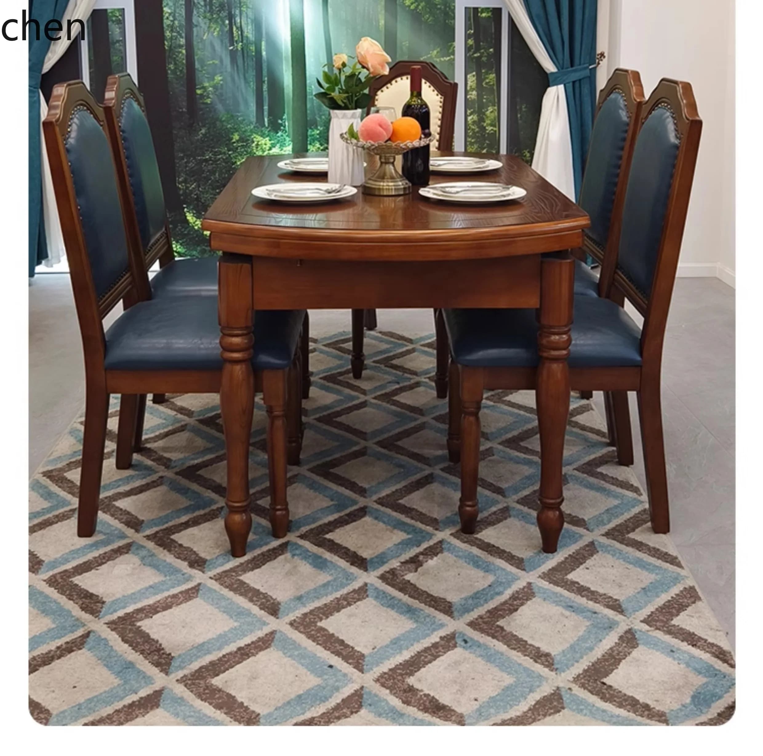 PYH Country Style  Dining Table and Chair Set for Home Use, Convertible Round Table, Dining Room Furniture