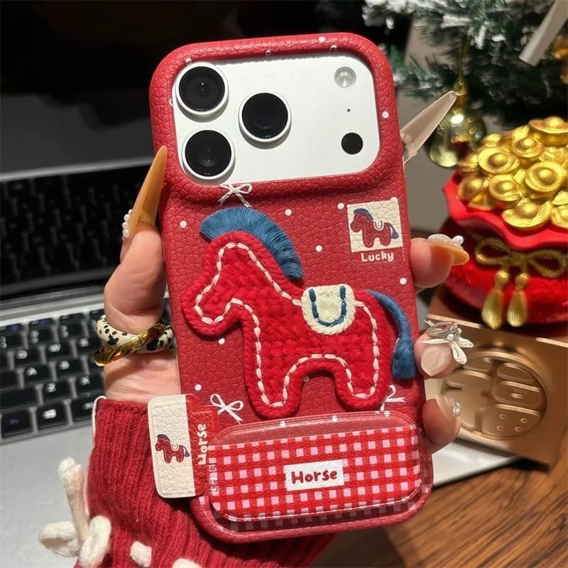 Horse year phone case for iPhone 17 16 Pro 15 14 ProMax 11 12 13 Pro Max Case Red Leather Cover with mirror stand phone holder
