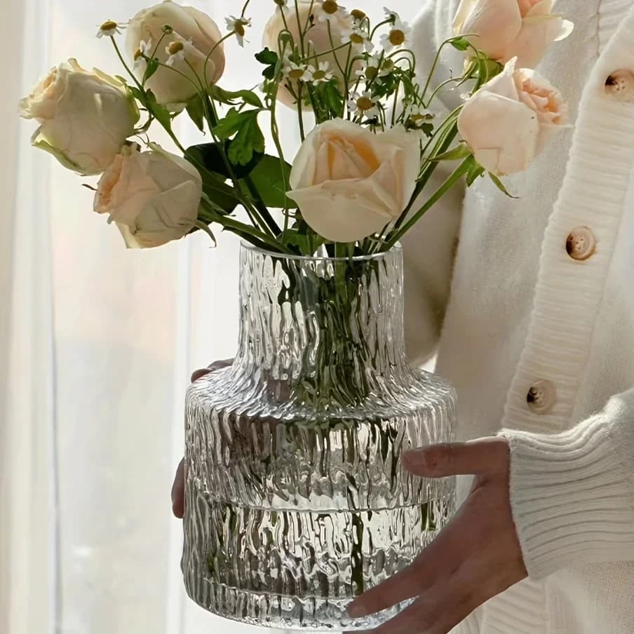 Nordic Style Textured Glass Vase, Wide Mouth Flower Combinations, Perfect Home Desktop Decoration, And Also Suitable For