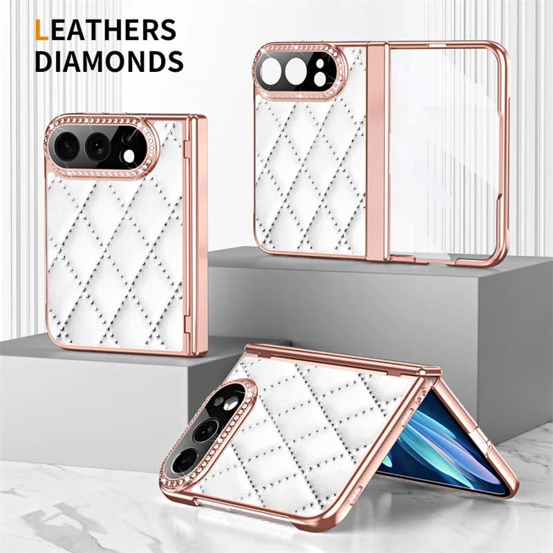 Luxury PU Leather Plating Glitter Bling Diamond Phone Case For iPhone Duo Hinge Protective Screen Protect Film Shockproof Cover