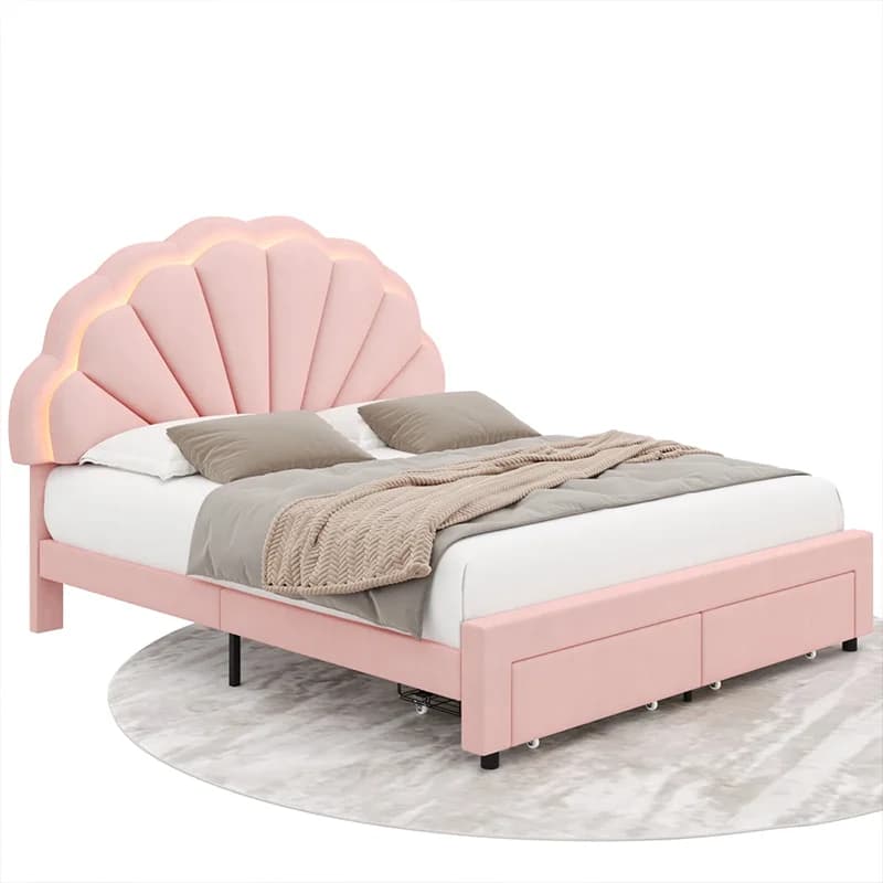 # Simple Flower Tufted Upholstered Headboard Floor Storage Bed with Drawers and Wooden Base