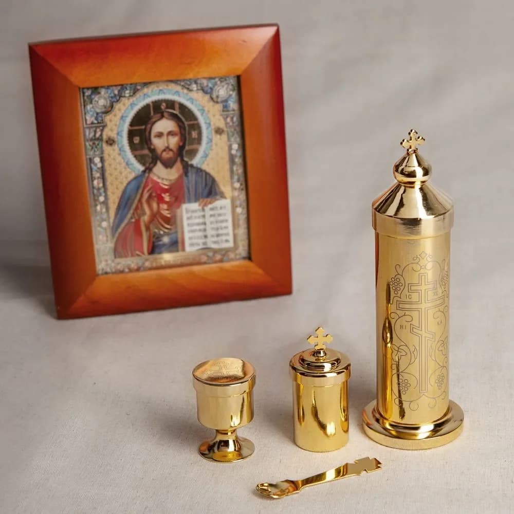 HT Holy Mass Set Suitcase Handmade Case Gold Plated Chalice With Spoon Orthodox Etiquette Supplies Дароносица с потиром