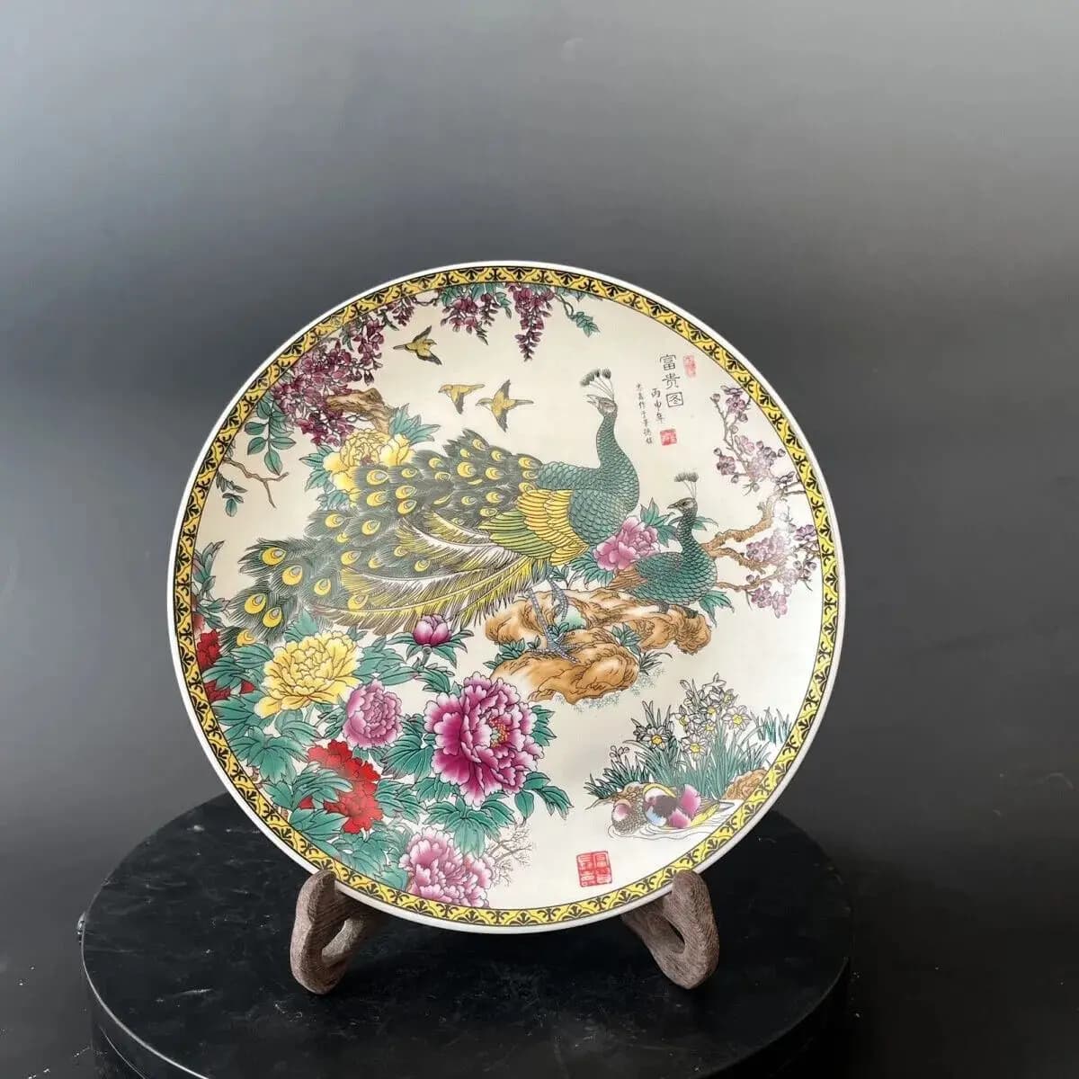 Pink Peacock Fortune Picture Ceramic Hanging Plate Home Decoration Ornament