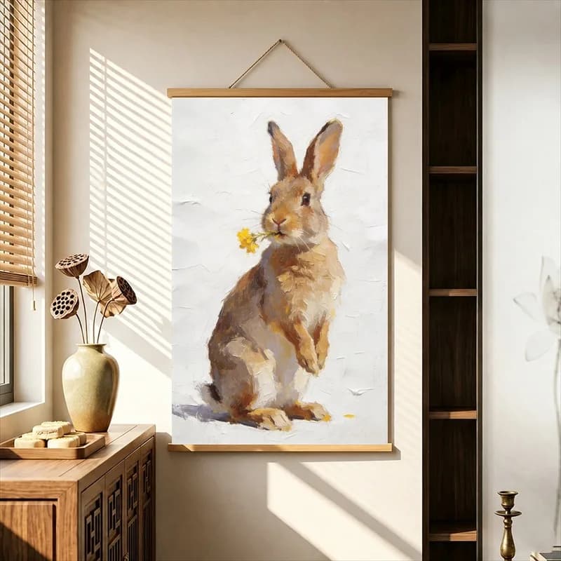 Kawaii Room Decor Playful Rabbits with Garden Flowers, Cute Watercolor Pearlescent Canvas Hanging Scroll for Childrens Bedroom