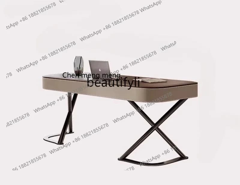 X  Solid wood desk light luxury simple saddle leather home study bedroom walnut leather office computer desk