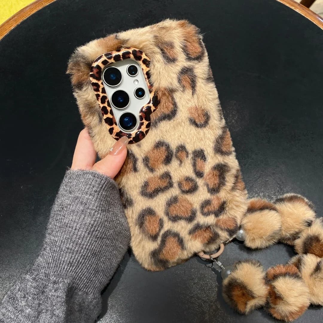 Fashion Plush leopard Fluffy fur Soft Case For Samsung Galaxy A55 A17 A54 A56 A16 A35 5G S25 S24 S23 Ultra Plus FE Phone Cover﻿