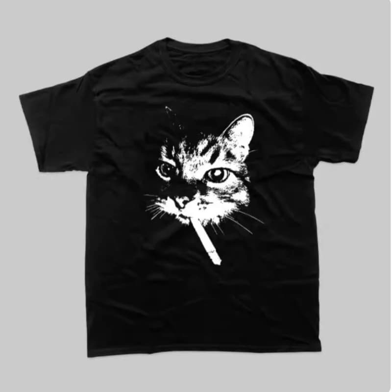 Smoking Cat T Shirt 2026 New Funny Animal Graphic 100% Cotton Men Women Unisex Oversized Heavyweight Vintage American Street Top