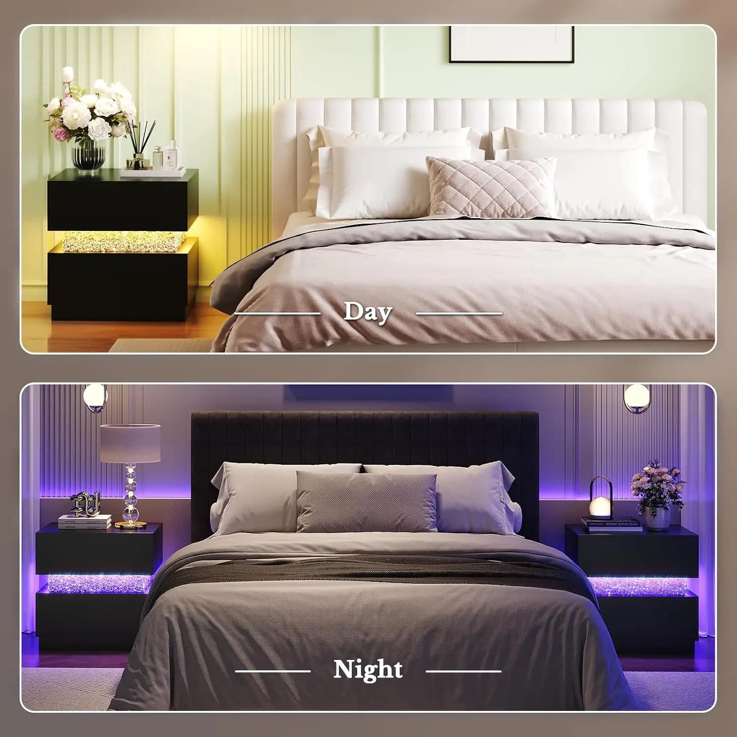 Modern Nightstand with LED Lights & Diamond, Black