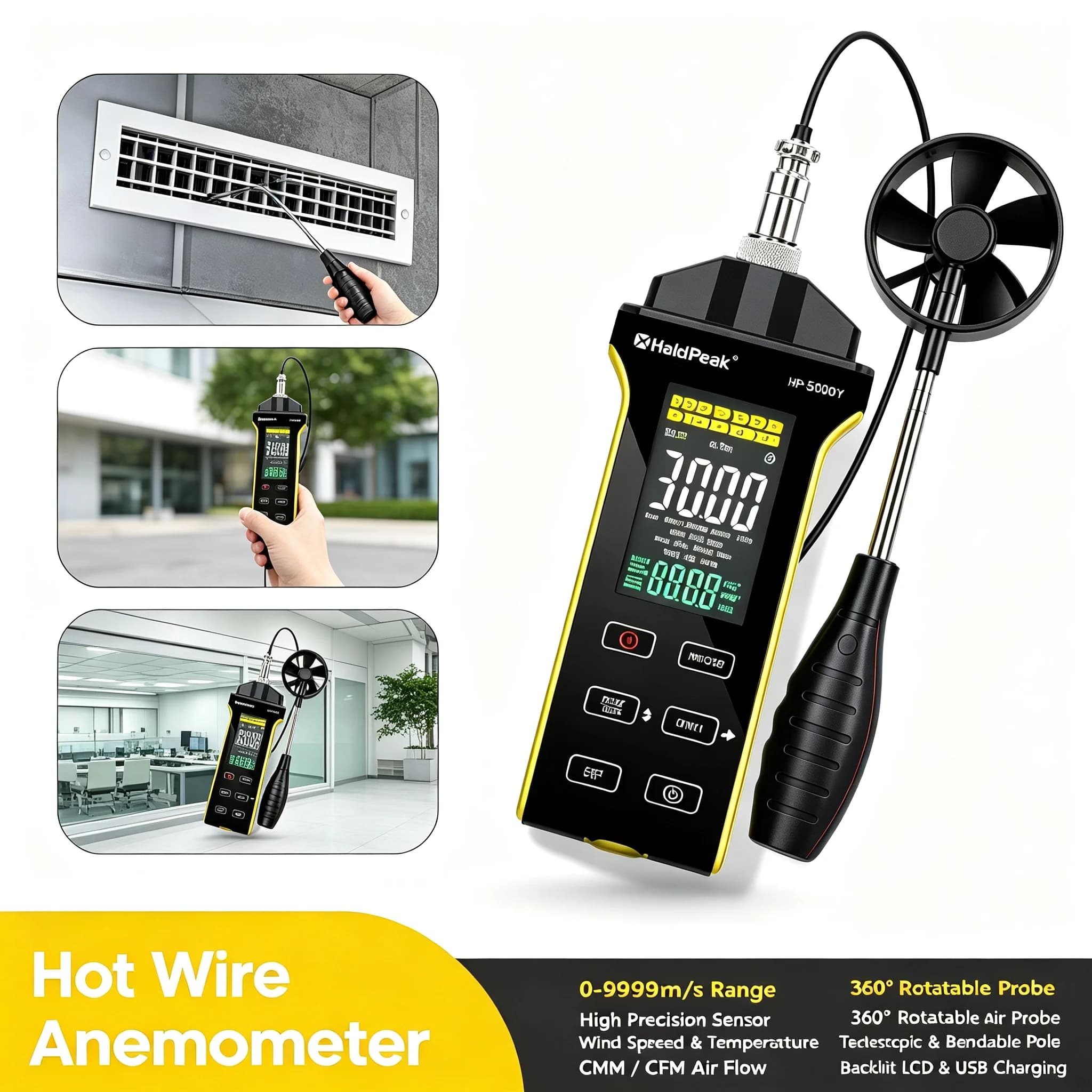 HOLDPEAKThermal Anemometer Air Flow Wind Speed Meter CFM Tester with Telescopic Probe LCD Rechargeable for HVAC Duct Ventilation