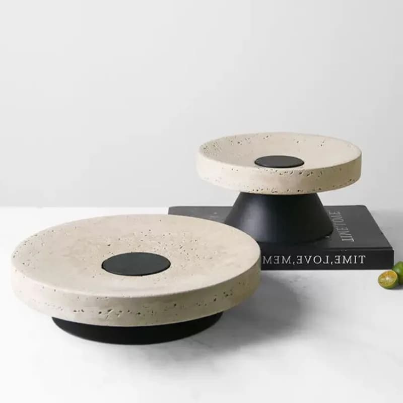 Minimalist Cave Stone Circular Tray, Metal Base Retro Natural Marble Tray, Circular Cake Rack, Fruit Bowl, Home Decoration