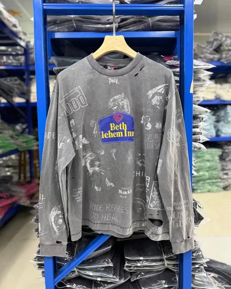 PALY Heavy Industries Distressed Fall High Street Retro Distressed Washed Men's Women's New Long-Sleeve T-Shirt