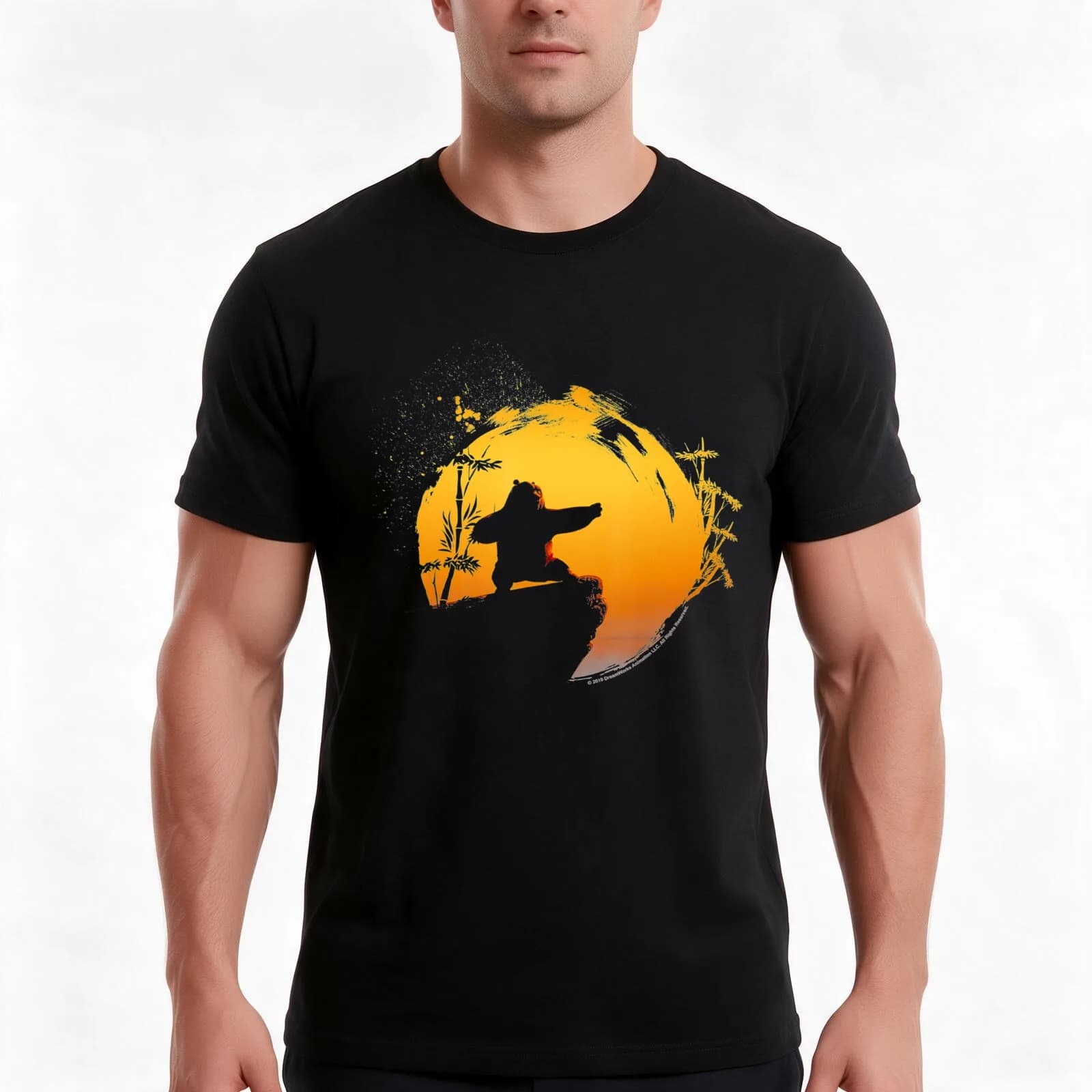Kung Fu Bear Po Tai Chi Sunset Silhouette T-Shirt, Summer Casual Cotton Tee, Oversized Streetwear Tops, Vintage Graphic Print