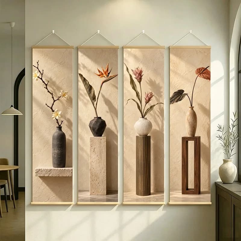 Wall Decor Preserved Anthurium and Preserved Plumeria, Wabi-Sabi Silver Shimmer Canvas Hanging Scroll for Meditation Room