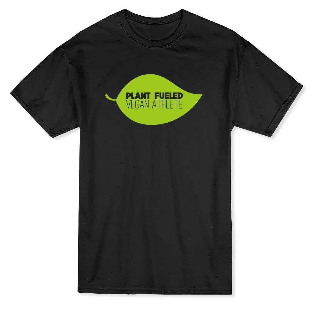 Plant Fueled Vegan Athlete Leaf Graphic T-Shirt. Cotton O-Neck Short Sleeve Men's T Shirt Size S-3XL