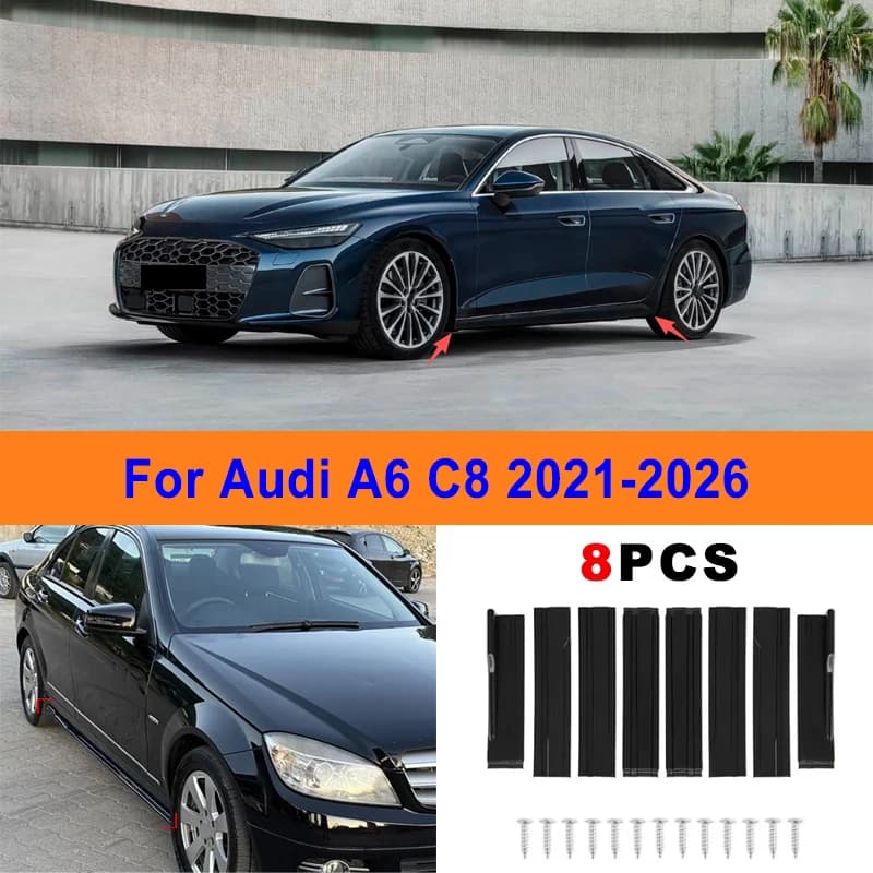 8Pcs Extended Side Skirt Splitters For Audi A6 C8 2021-2026 2022 2023 Sport Side Spoiler Bumper Lip Exterior Body Kit Mod Parts