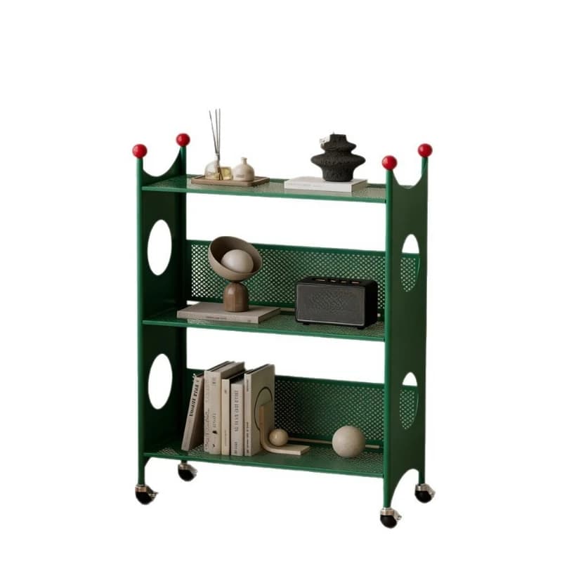 Wrought iron movable small bookshelf, living room floor-to-ceiling children's storage rack, steel integrated with wheels