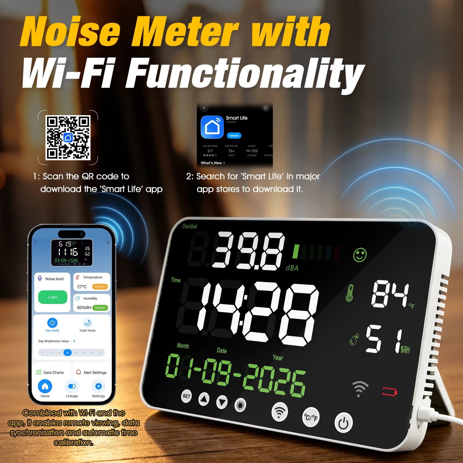 New Design WiFi Temperature Humidity Noise Monitor, Supports Tuya APP Connectivity, Remote Monitoring & Alerts, Range 30-130dBA