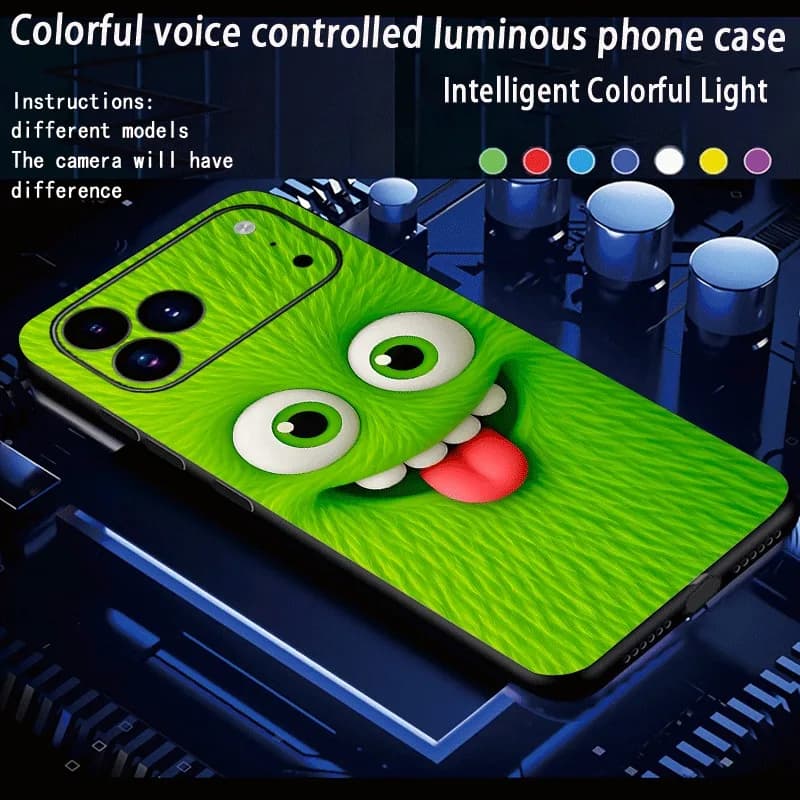 Cute Green Monster Voice Control Luminous Phone Case For iPhone 15 14 Plus 12 16 17 Pro Max Funny LED Light Protet Phone Cover