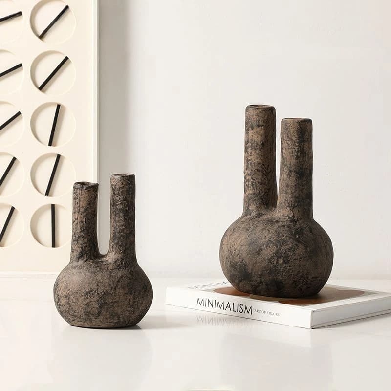 wabi-sabi retro style old ceramic double-tube vase ornament, model room, homestay living room cabinet decoration