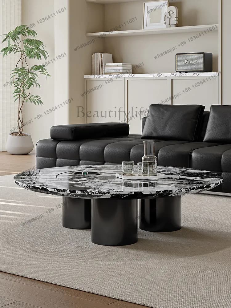 LD Italian Minimalist Marble Coffee Table Round With Turntable Rotatable Storage Tea Table