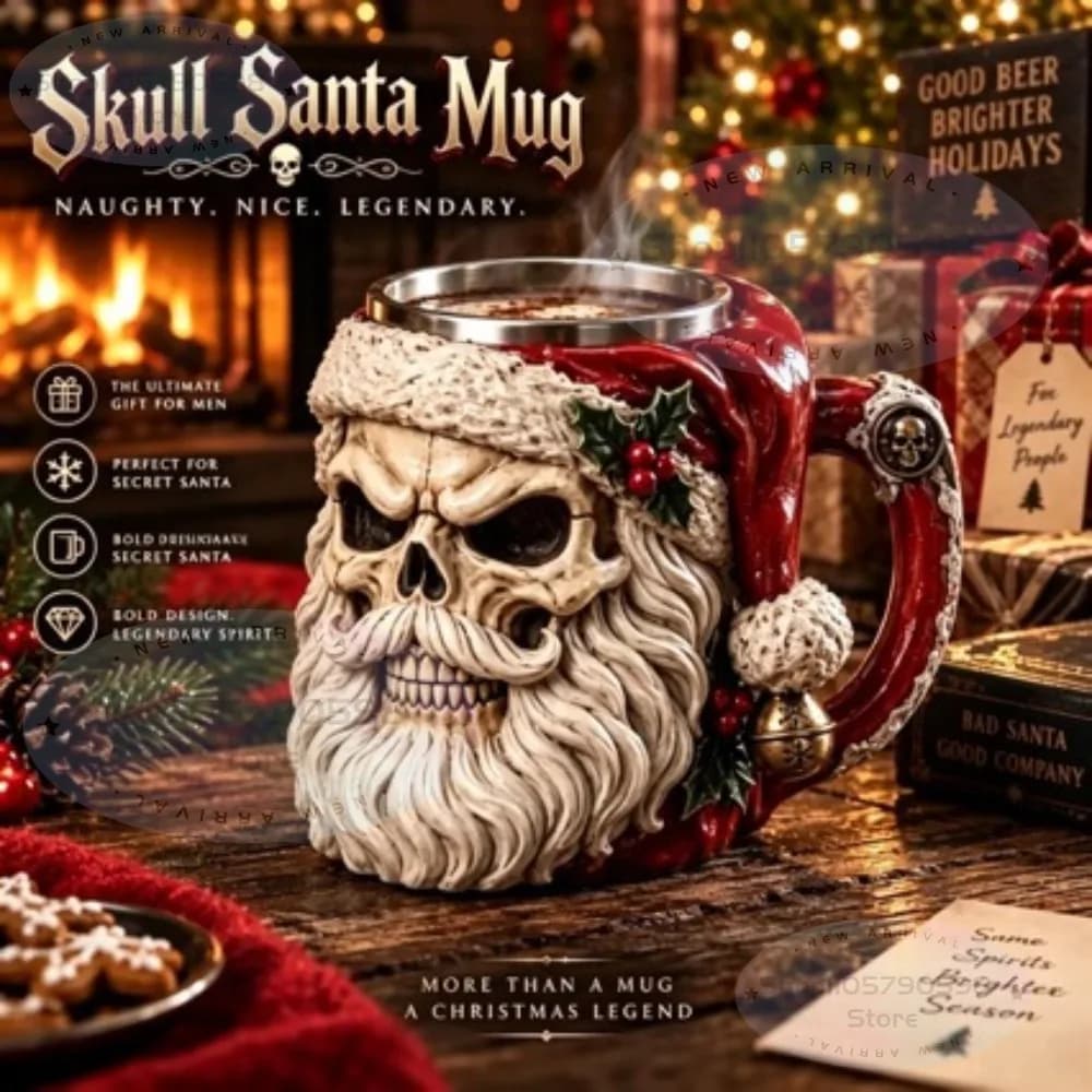 3D Skull Santa Claus Mug Gothic Resin Sculpture Coffee Cup, Hand Painted Skeleton Santa Mug, Christmas Novelty Gift