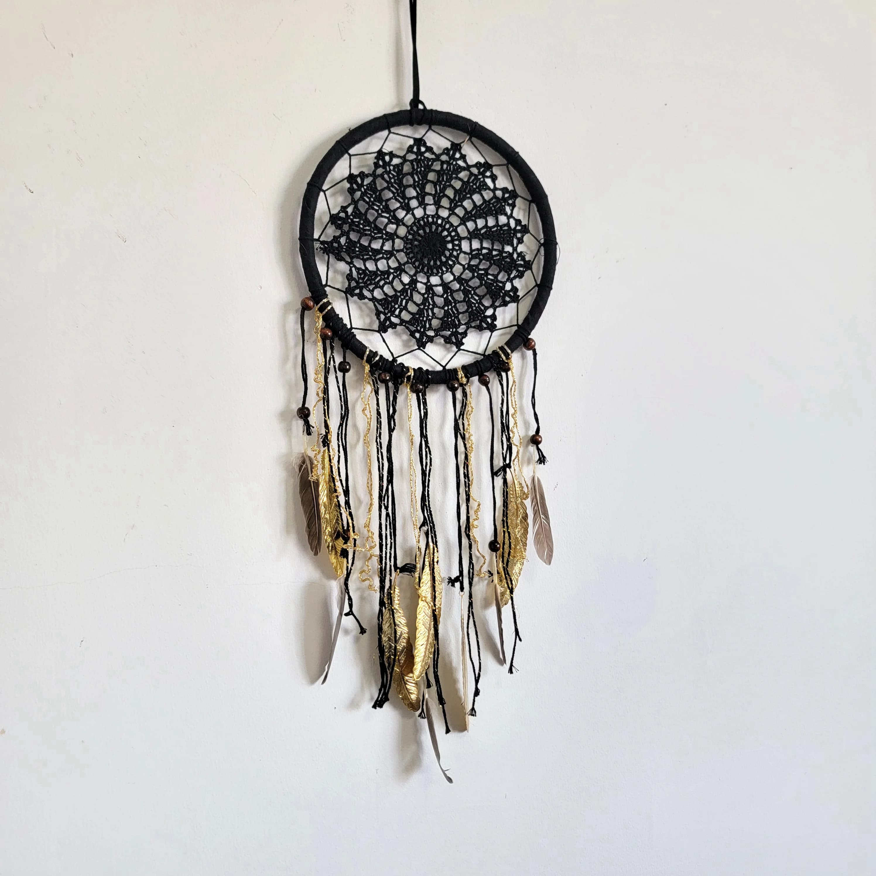 Black Dreamcatcher Home Decoration with Copper Feathers Boho Chic Halloween Decor 12inch round Dream Catcher for Bedroom Decor