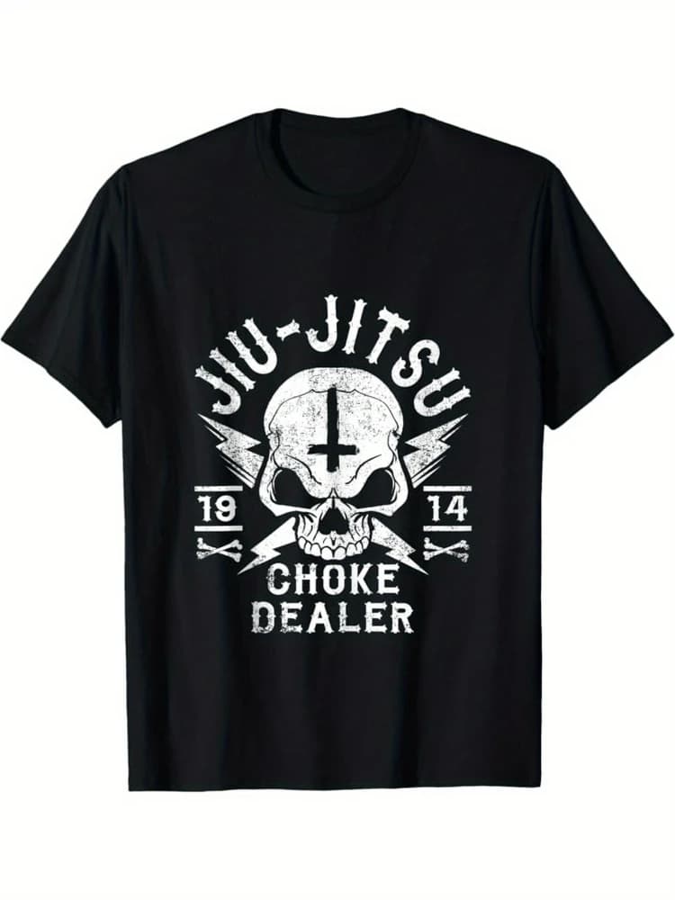 Men's Brazilian Jiu Jitsu martial arts pattern-design with bones and swords, 100% cotton round neck casual T-shirt.