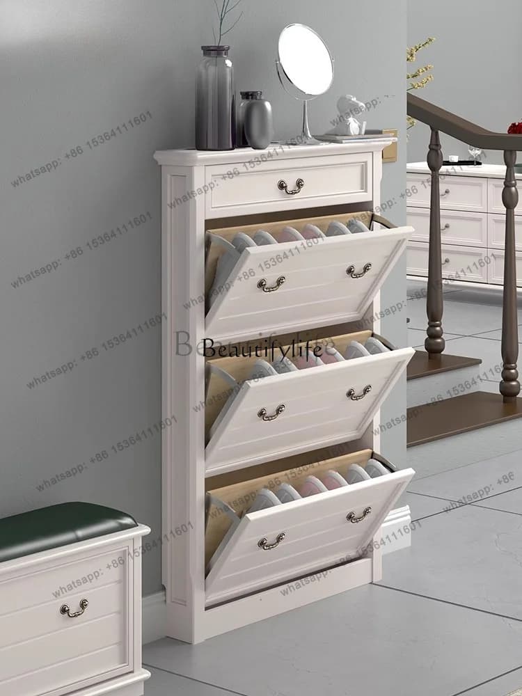 Customization Pure solid wood American custom ultra-thin 17cm tipping bucket small apartment small room shoe cabinet narrow